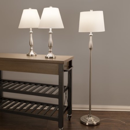 Hastings Home Table Lamps and Floor Lamp Set of 3, Traditional Brushed Steel (3 LED Bulbs included) 669316KLU